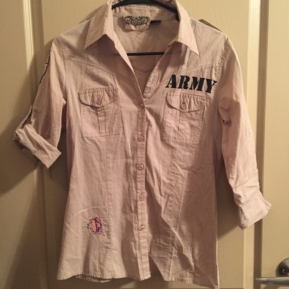 Tan Fashion Army Button Down Shirt - Picture 1 of 6